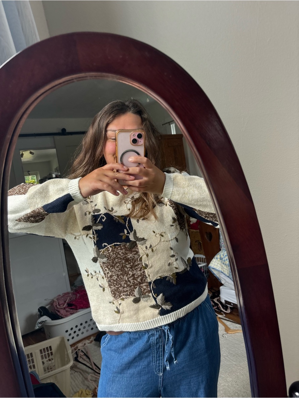 Vintage Cream Patchwork Floral Knit Sweater